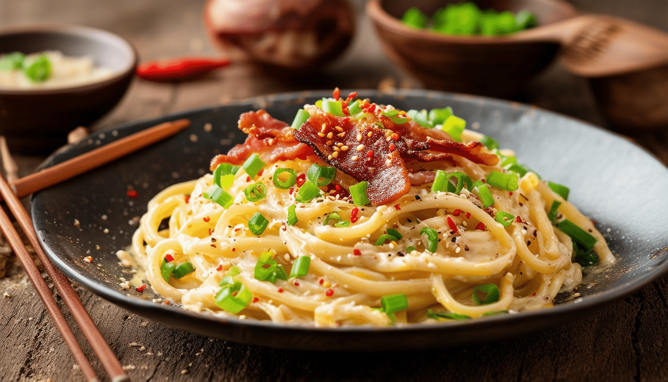 experience a culinary adventure with pasta express: asian-inspired carbonara that delivers an explosion of flavors in just minutes. perfect for busy food lovers seeking a quick yet delicious meal!