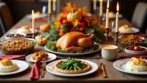 Thanksgiving table with roast turkey and sides.
