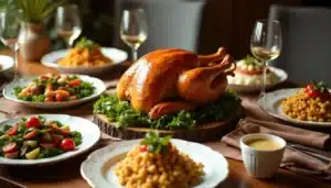Roast turkey and side dishes on festive dining table.
