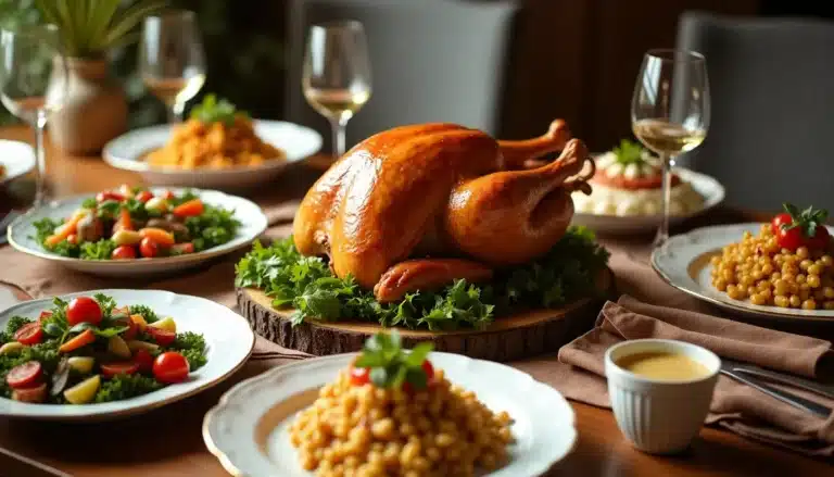 Roast turkey and side dishes on festive dining table.