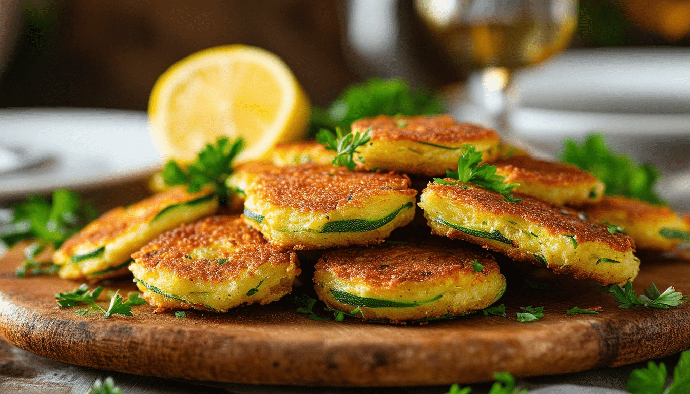 delight your guests with these crispy zucchini fritters, the perfect light and flavorful appetizers for any gathering. easy to make and irresistibly delicious, they are sure to be a hit at your next event!