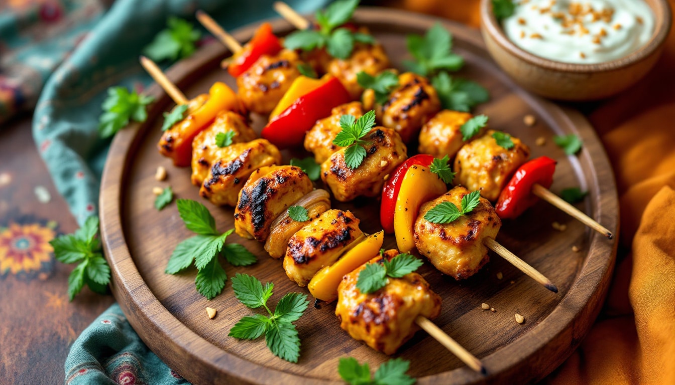 discover the flavors of quick and easy air fryer chicken curry skewers paired with a refreshing mint dip. perfect for a delicious weeknight dinner or a fun gathering, this recipe combines tender chicken marinated in aromatic spices and cooked to perfection in your air fryer. ideal for serving as an appetizer or main dish, enjoy a meal that's both tasty and effortless!
