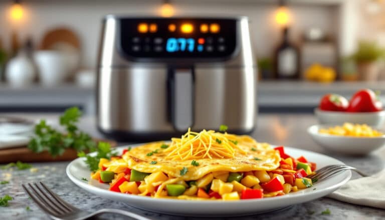 discover the ultimate breakfast solution with our quick and easy air fryer omelette. packed with tender potatoes, vibrant peppers, and rich cheese, this delicious dish is perfect for a satisfying meal in minutes!