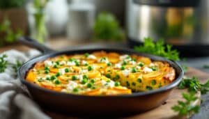 discover the perfect combination of flavors with our air fryer frittata featuring tender potatoes, vibrant peas, and creamy feta. this quick and easy recipe delivers a delicious and healthy meal that can be enjoyed any time of day!