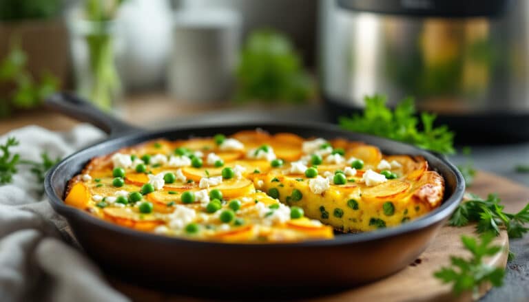 discover the perfect combination of flavors with our air fryer frittata featuring tender potatoes, vibrant peas, and creamy feta. this quick and easy recipe delivers a delicious and healthy meal that can be enjoyed any time of day!