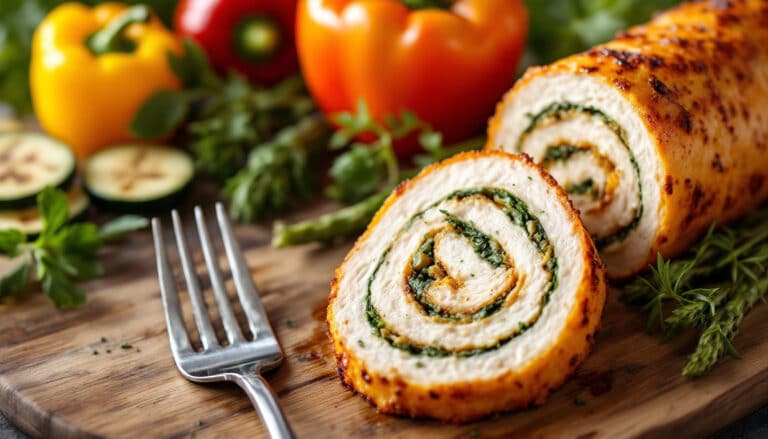 enjoy a delicious airfryer chicken roulade stuffed with savory herbs and spices, perfectly paired with grilled vegetables. this healthy and flavorful dish is perfect for a quick weeknight dinner or an impressive meal for guests.