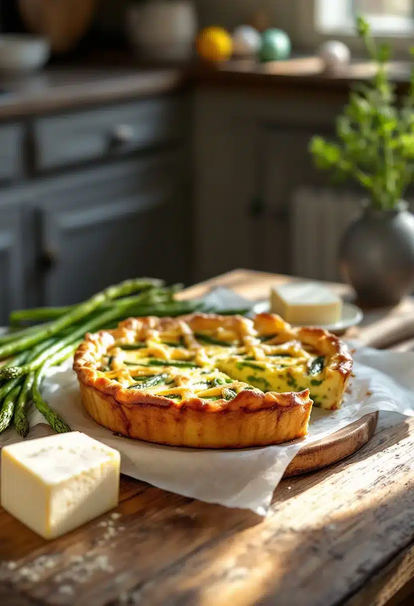 Homemade asparagus quiche with cheese on wooden table.
