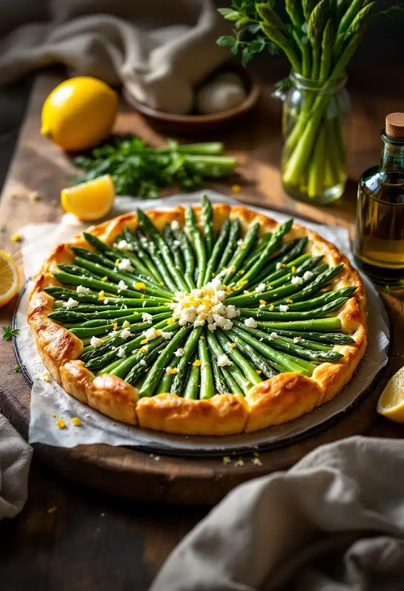 Asparagus and cheese tart with lemons.