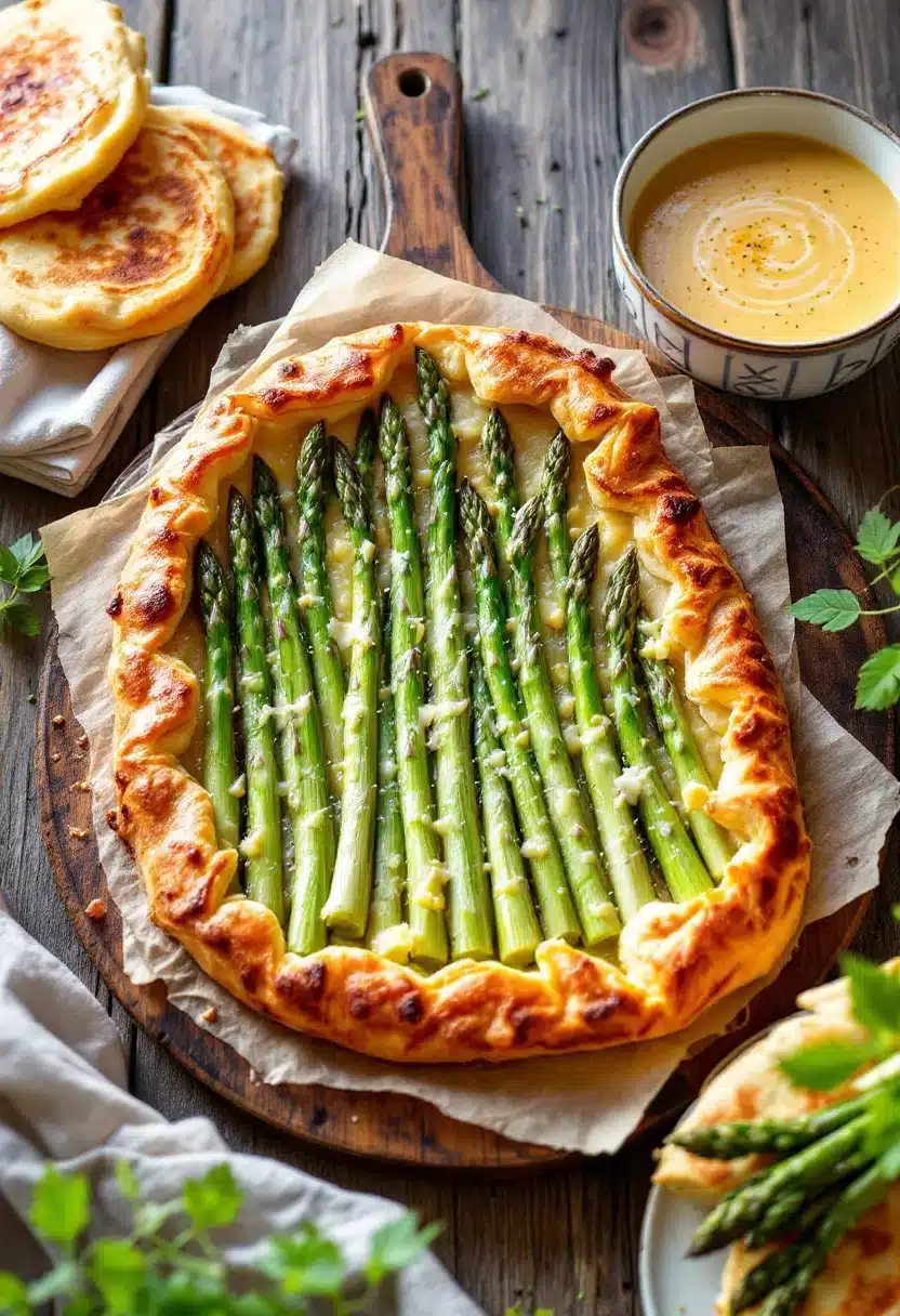 Asparagus tart with creamy soup on wood table
