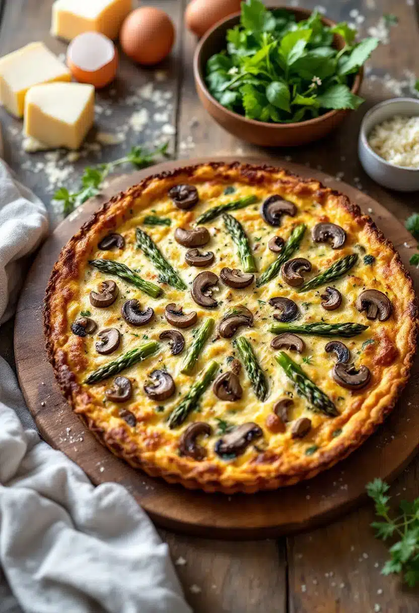 Vegetable quiche with asparagus and mushrooms on table.
