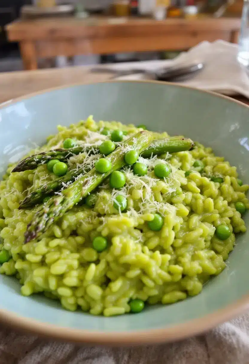 Green risotto with asparagus and peas in bowl