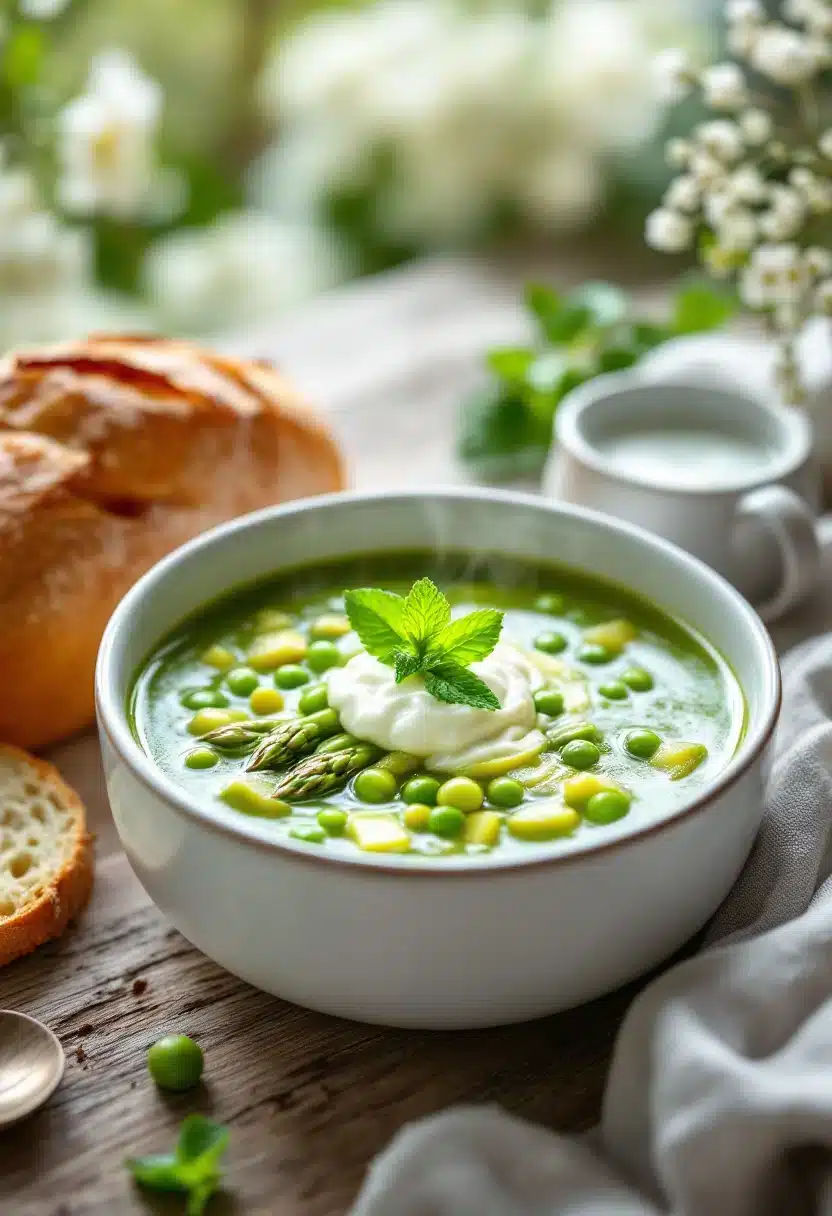 Fresh green pea soup with bread and cream