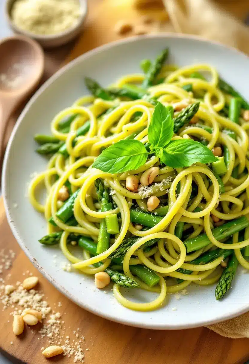Spaghetti with asparagus and basil garnish