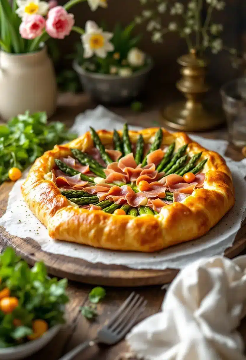 Savory tart with asparagus and ham on table.
