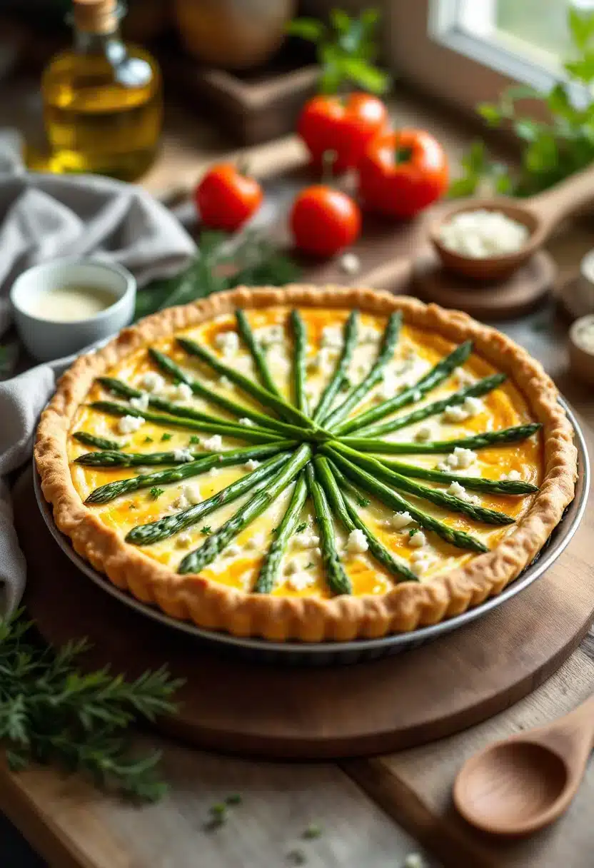 Asparagus quiche with fresh tomatoes and herbs