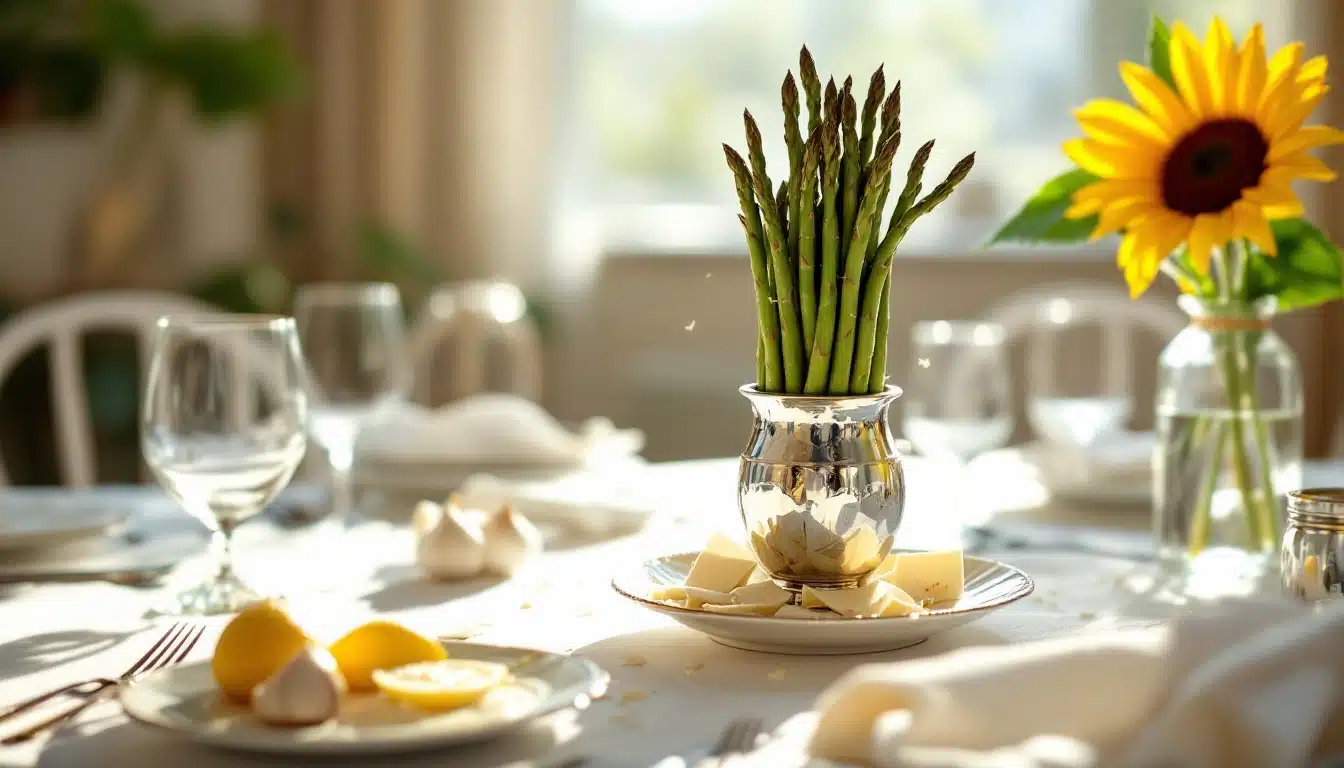 Elegant table with asparagus centerpiece and sunflower