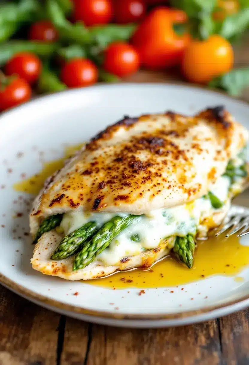 Stuffed chicken breast with asparagus and cheese.
