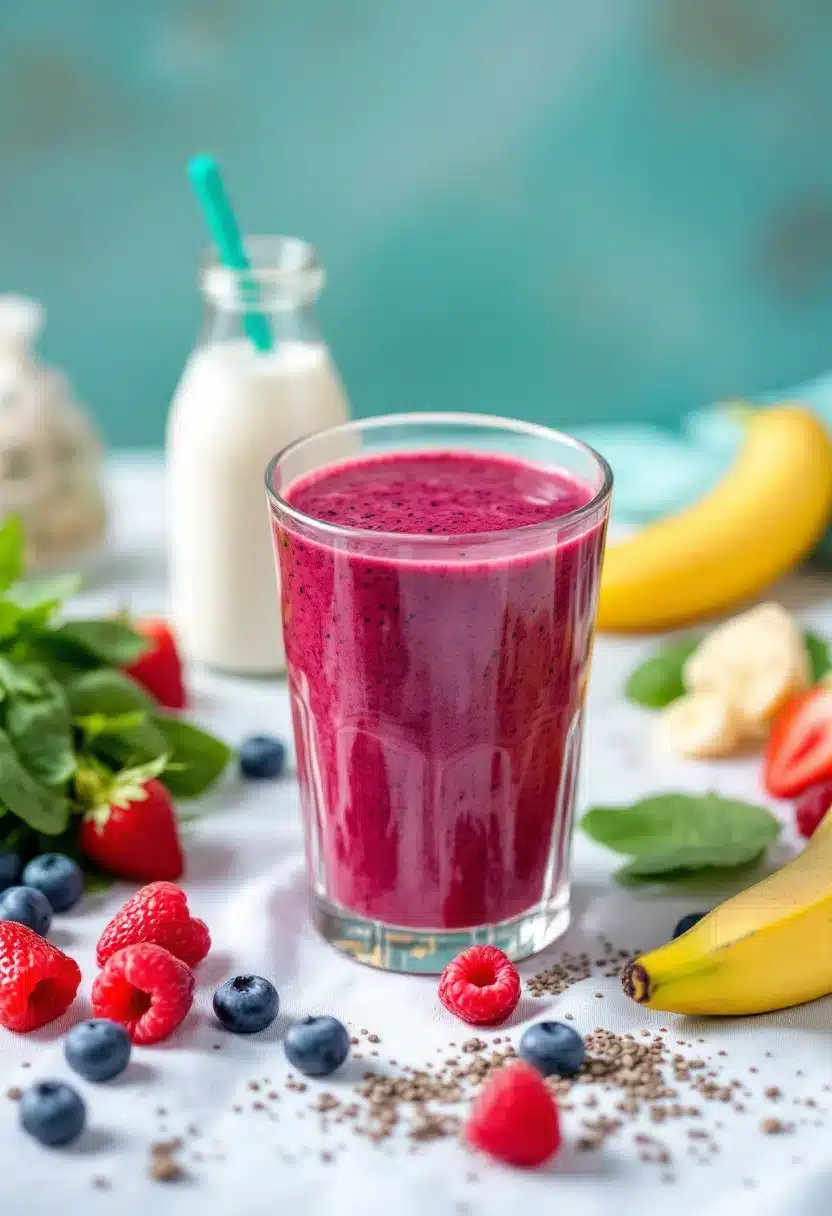 Berry smoothie with fresh fruits and chia seeds.