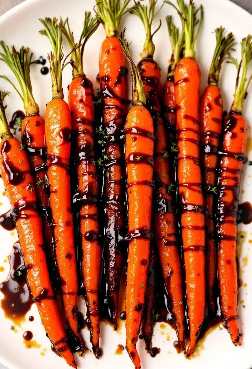 Glazed carrots with balsamic reduction on plate.