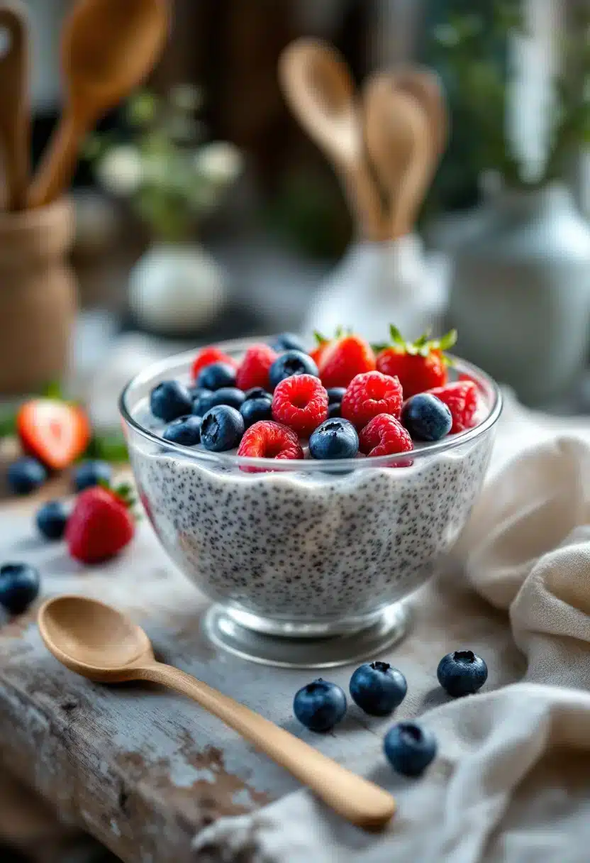 Chia pudding with fresh berries on wooden table.