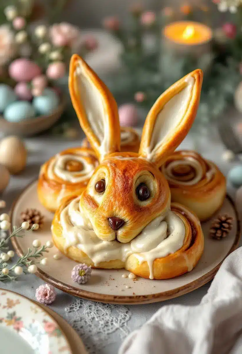 Cinnamon rolls shaped like a bunny with icing.