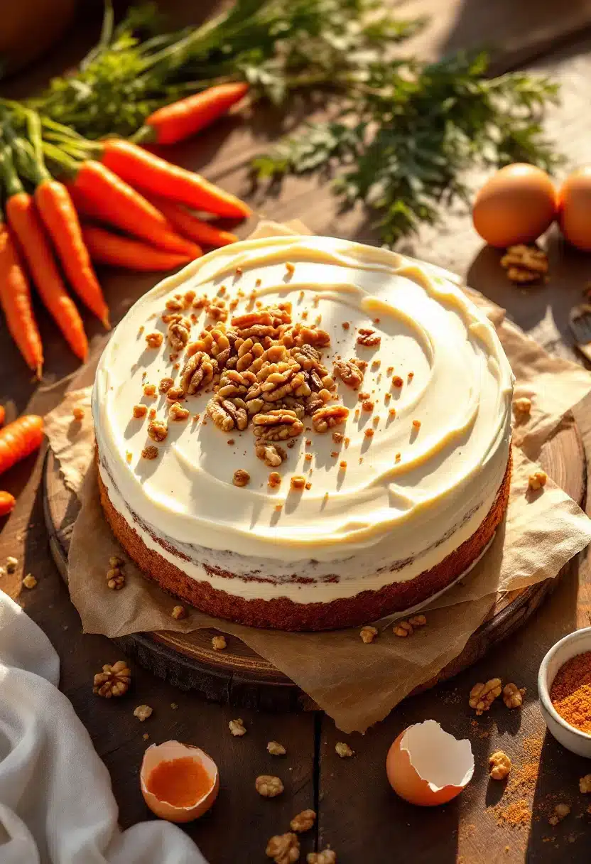 Carrot cake with cream frosting and walnuts on top.