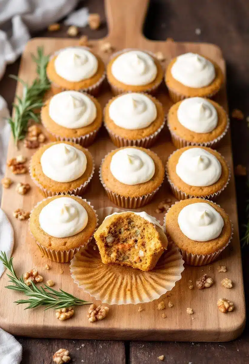 Pumpkin cupcakes with cream cheese frosting on board.