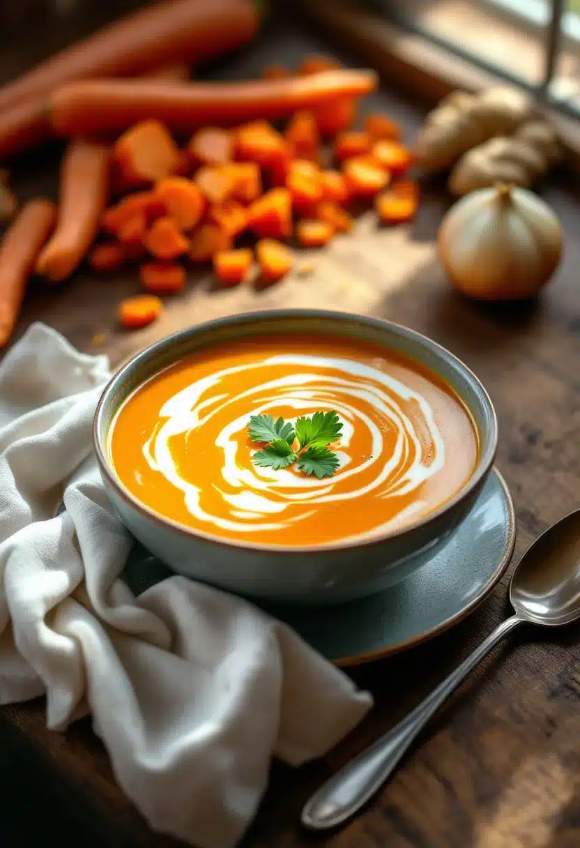 Creamy carrot soup with garnish and spoon