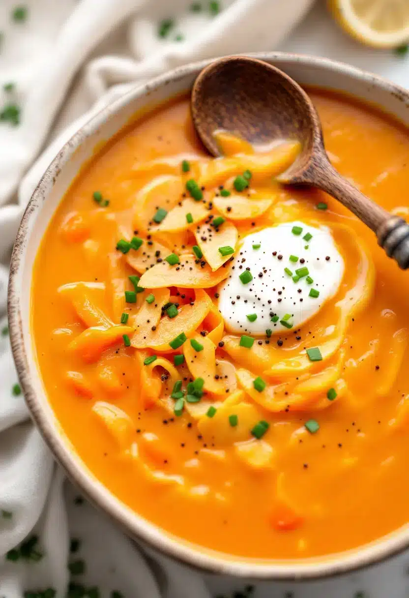 Creamy carrot soup with herbs and wooden spoon.