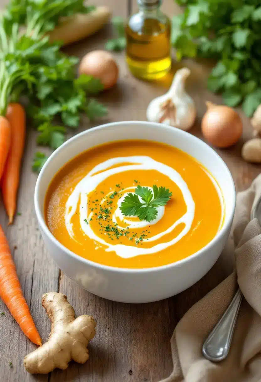 Creamy carrot ginger soup with garnish.