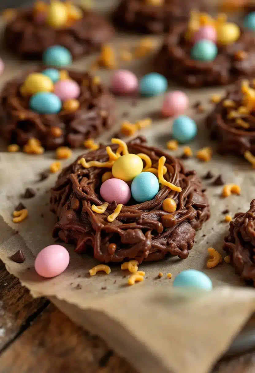 Chocolate nests with colorful candy eggs
