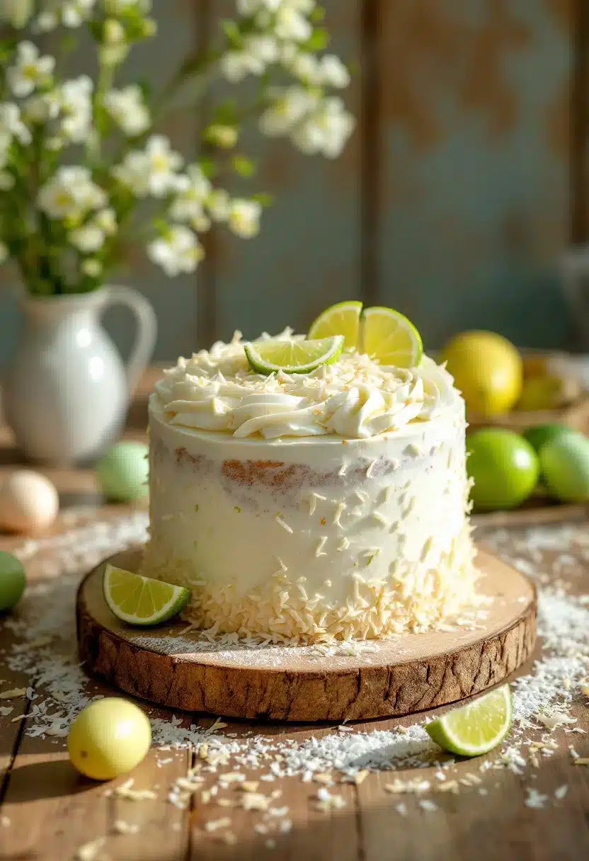 Lime cake with frosting and coconut shavings