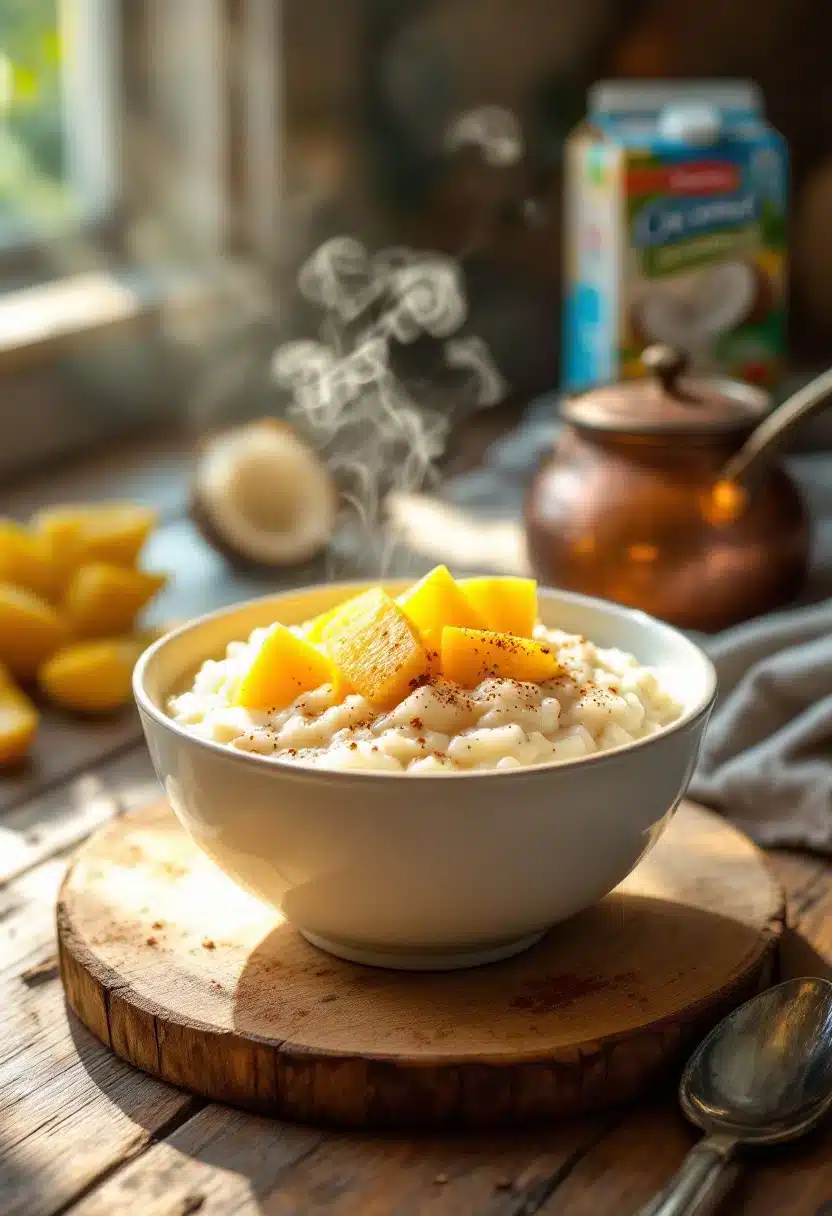 Steaming rice pudding with mango cubes on top