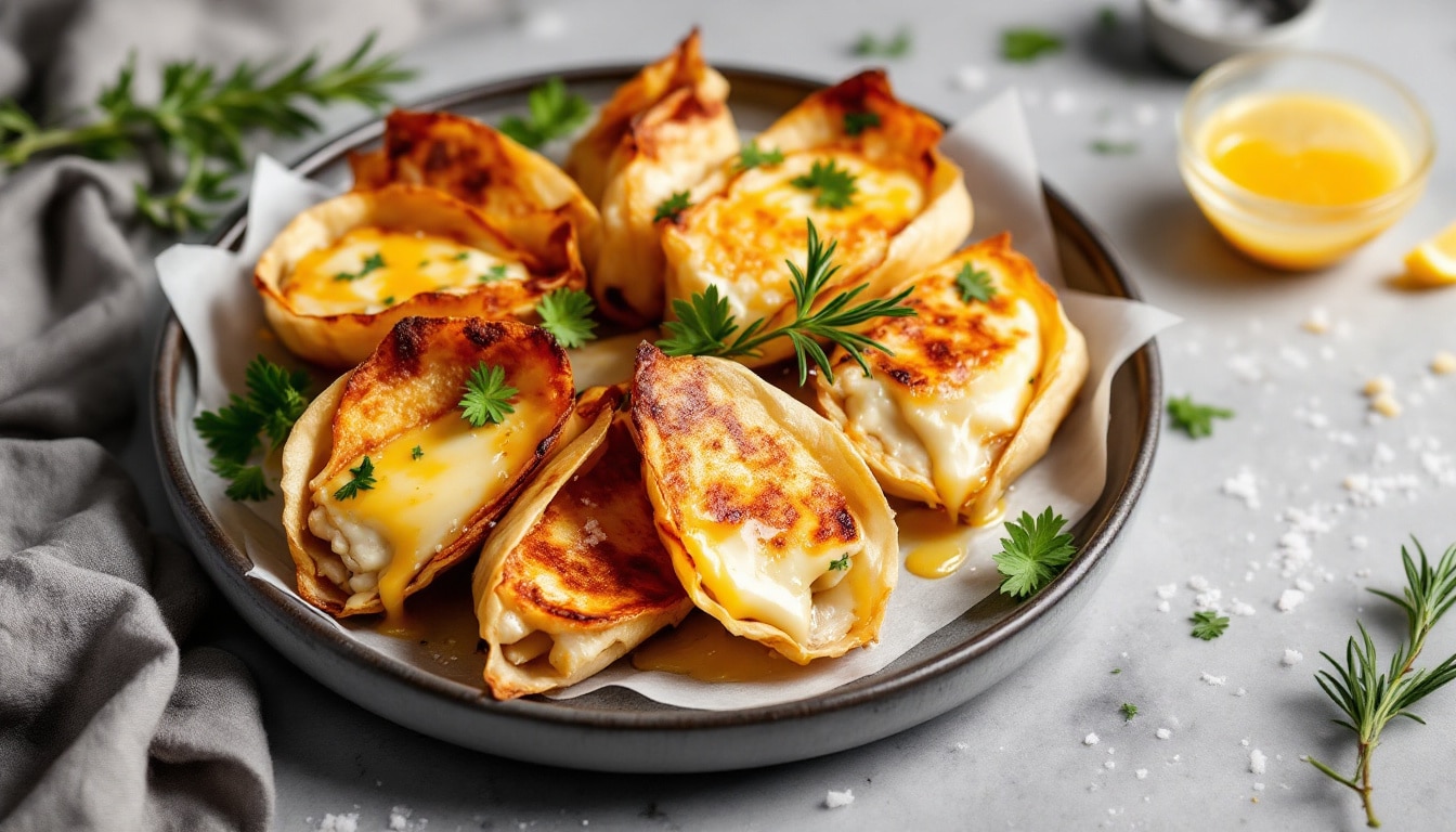 discover a delicious twist with our crispy airfryer halloumi-stuffed pork wrappers! perfectly seasoned pork envelops savory halloumi cheese, all cooked to golden perfection in the air fryer. a delightful fusion of flavors and textures, ideal for a quick meal or a festive appetizer. satisfy your cravings with this easy-to-make dish!