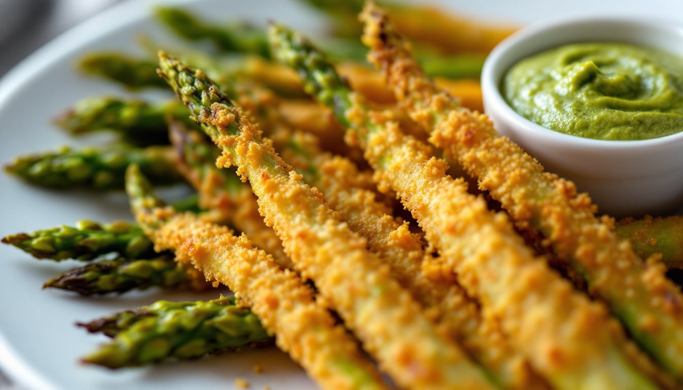 enjoy the perfect crunch with our crispy breaded asparagus, paired with a rich and creamy pesto dip, all made effortlessly in an air fryer. a delicious and healthy snack or appetizer that's sure to impress!
