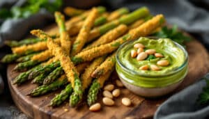 enjoy the perfect blend of crunch and flavor with our crispy breaded asparagus, served with a delectable creamy pesto dip. made effortlessly in an air fryer, this dish is a healthy and delicious appetizer or snack that's sure to impress.