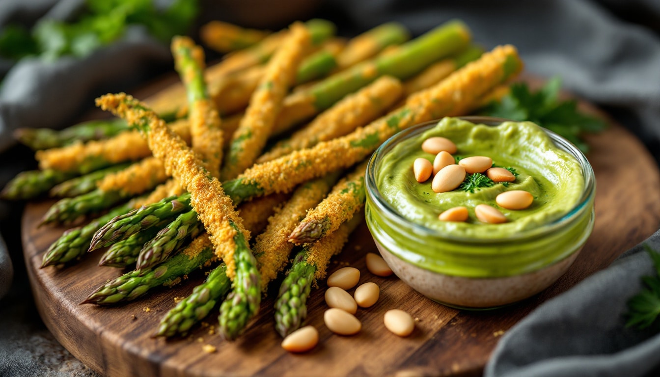 enjoy the perfect blend of crunch and flavor with our crispy breaded asparagus, served with a delectable creamy pesto dip. made effortlessly in an air fryer, this dish is a healthy and delicious appetizer or snack that's sure to impress.