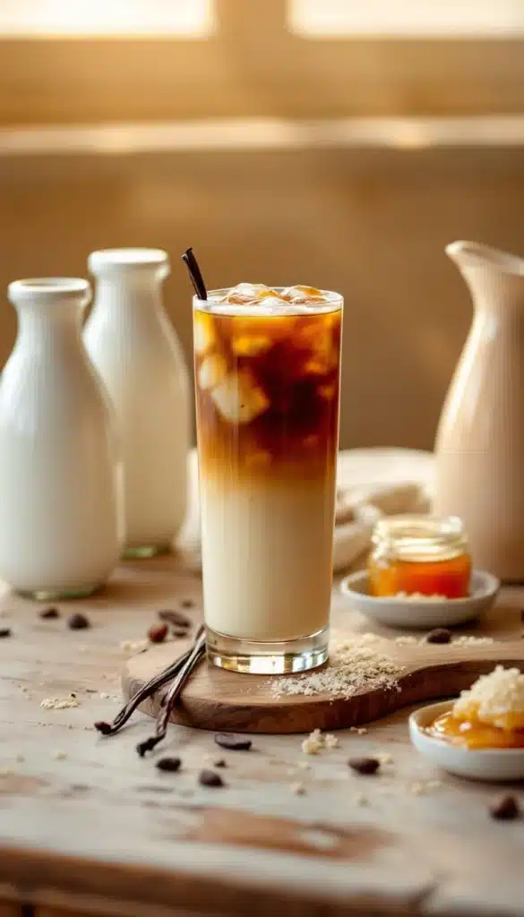 Iced coffee with milk and vanilla beans