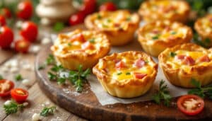 indulge in the perfect holiday treat with our delicious festive mini quiches featuring savory ham and rich cheese. ideal for parties or cozy gatherings, these bite-sized delights are sure to impress your guests and satisfy your taste buds!