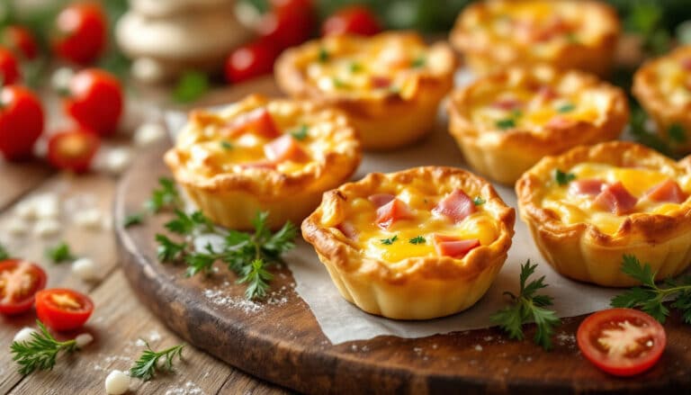 indulge in the perfect holiday treat with our delicious festive mini quiches featuring savory ham and rich cheese. ideal for parties or cozy gatherings, these bite-sized delights are sure to impress your guests and satisfy your taste buds!