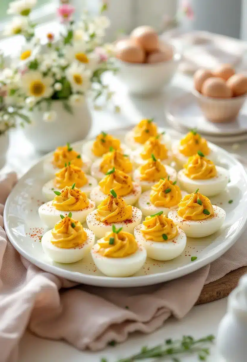 Plate of deviled eggs with garnish