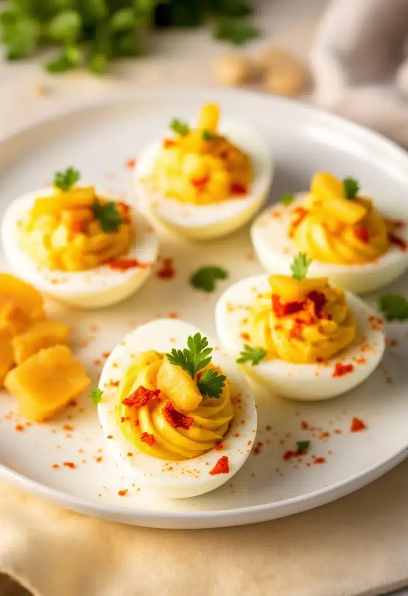 Plate of deviled eggs with garnish