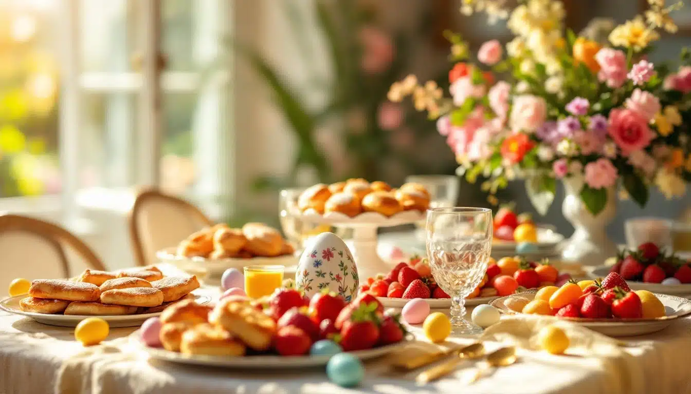 Festive brunch table with fruit and flowers.