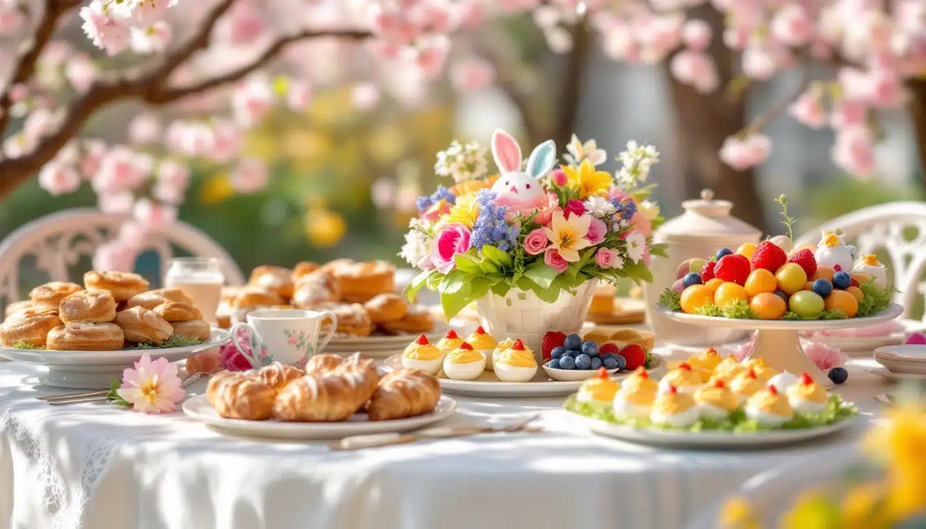 Spring picnic with flowers and pastries on table.