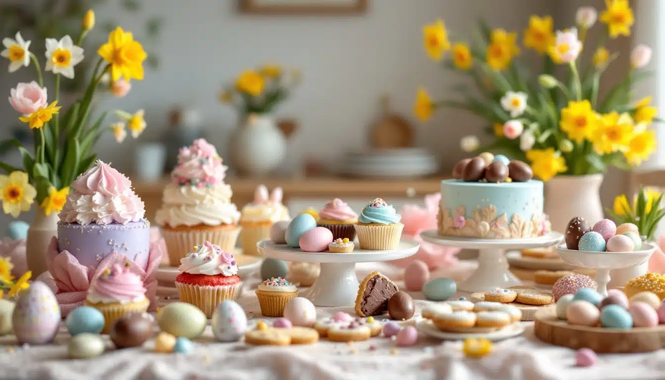 Easter cupcakes, eggs, and flowers on a festive table.