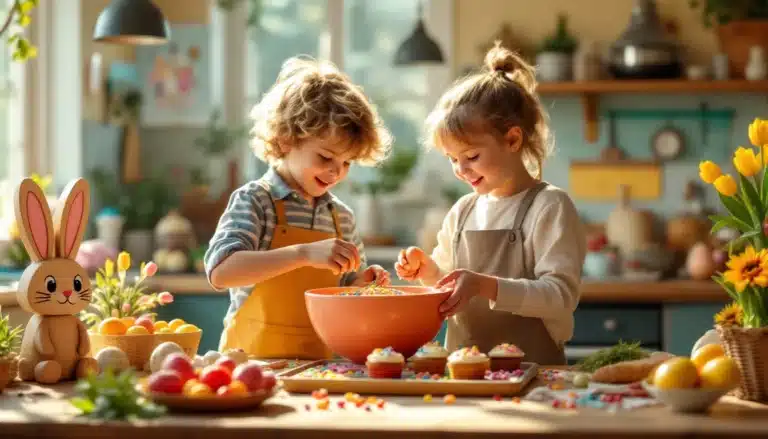 Children baking cupcakes in a sunlit kitchen