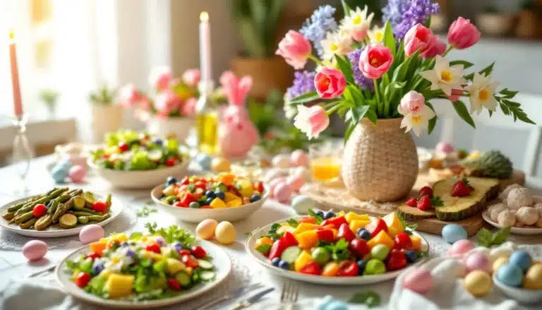 Colorful spring table setting with flowers and salads.