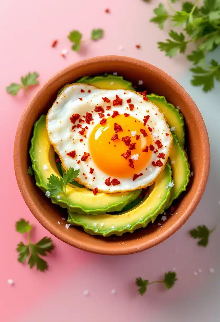 Fried egg topped avocado with chili flakes.
