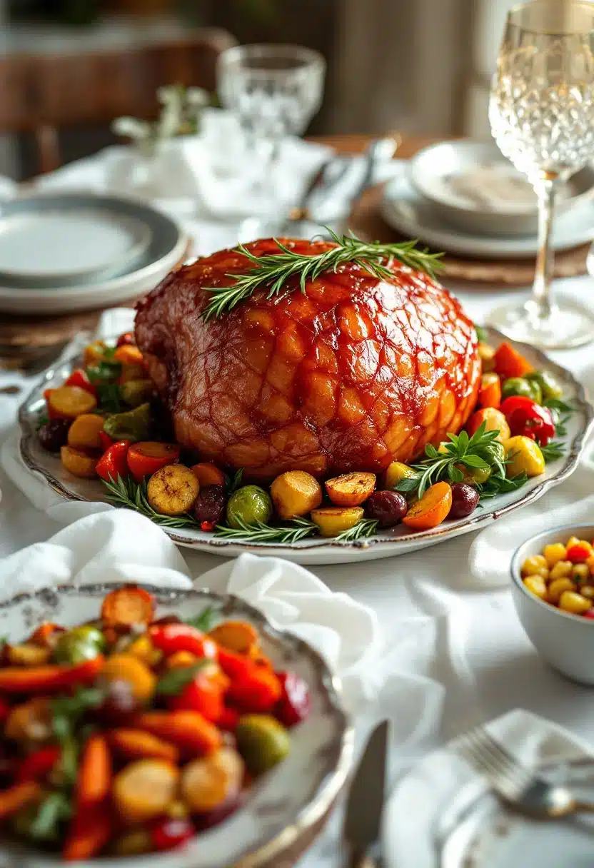 Glazed ham with roasted vegetables on a platter.