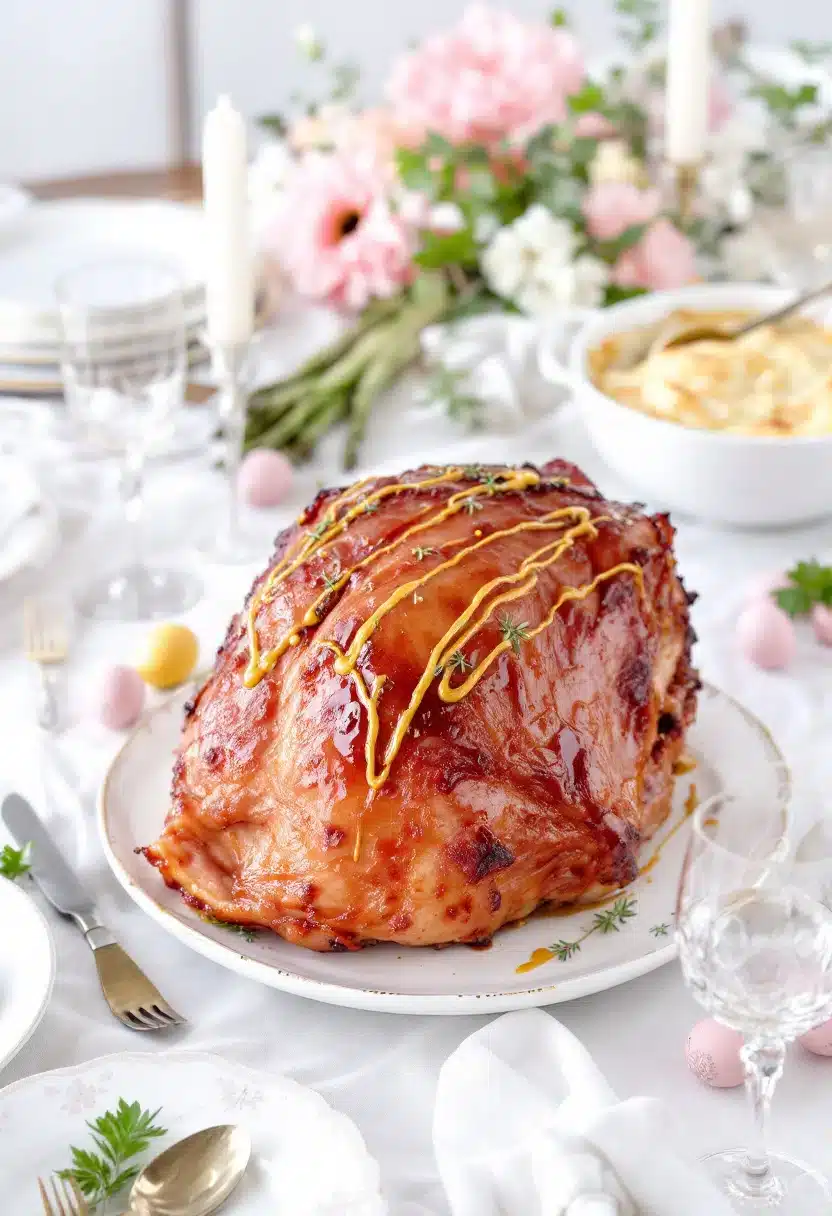 Glazed ham with mustard garnish on festive table.